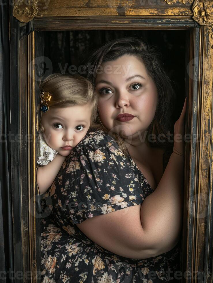 Plus-size mother and child posing together in a vintage framed setting with expressive emotions captured photo