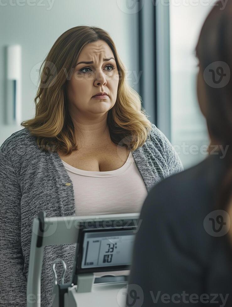 Plus-size woman being weighed at a doctors office during a health check-up in a bright medical environment photo