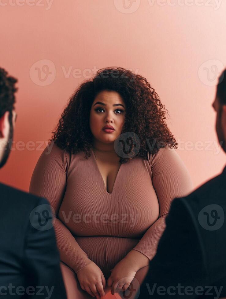 Plus-size woman engaged in conversation with two individuals in a modern indoor setting during the daytime photo