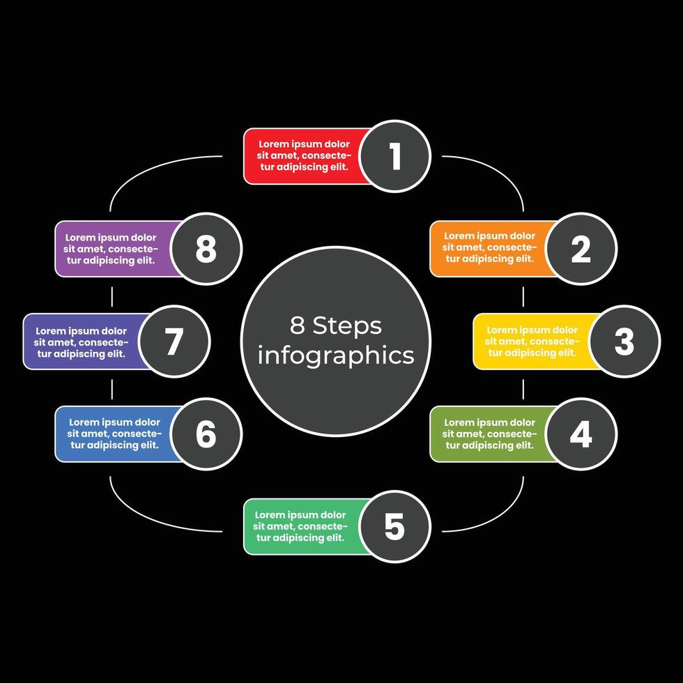 8 Steps Circular Process Infographic - Colorful Business Template on Black vector
