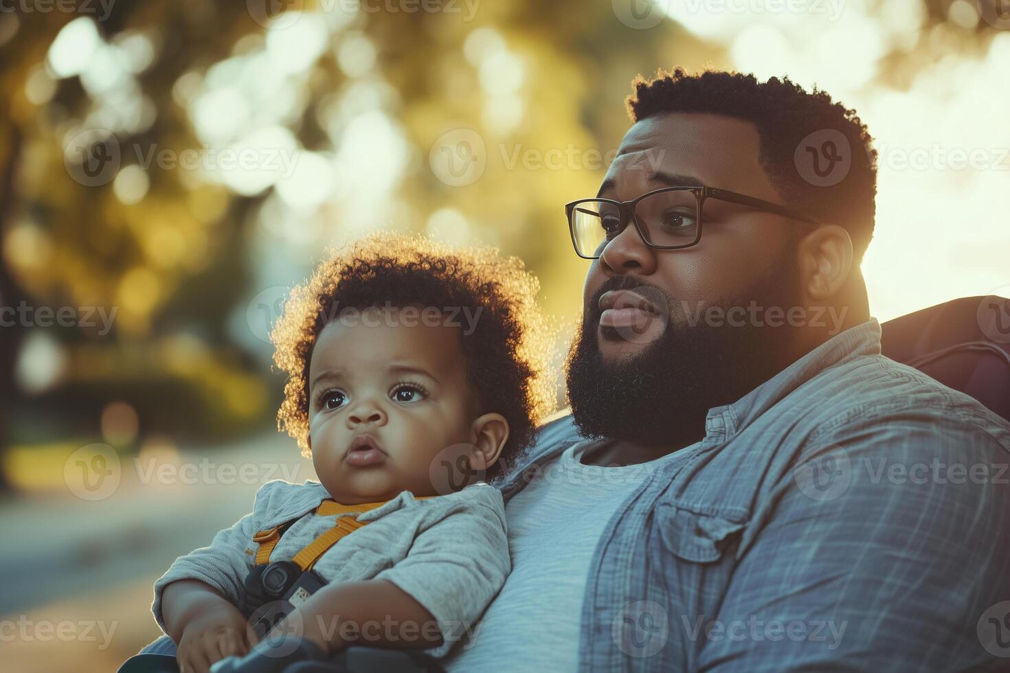 Plus-size father with curly-haired baby enjoying afternoon outdoors in a park as he struggles to buckle the stroller photo