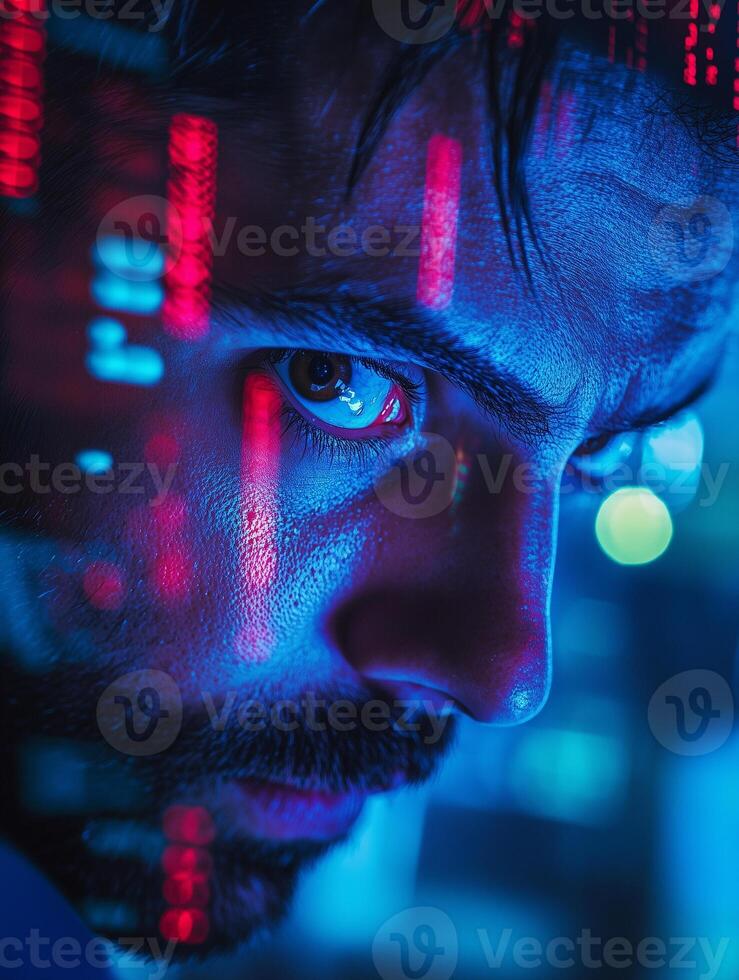 Intense focus of a serious investor analyzing market data in a tech-driven environment at night photo