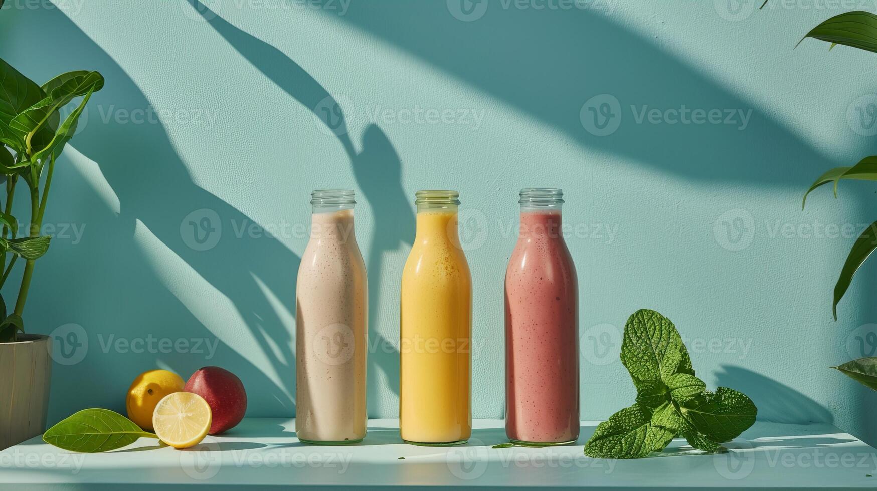 Smoothie Bottles with Mint and Leaves on a Turquoise Background photo