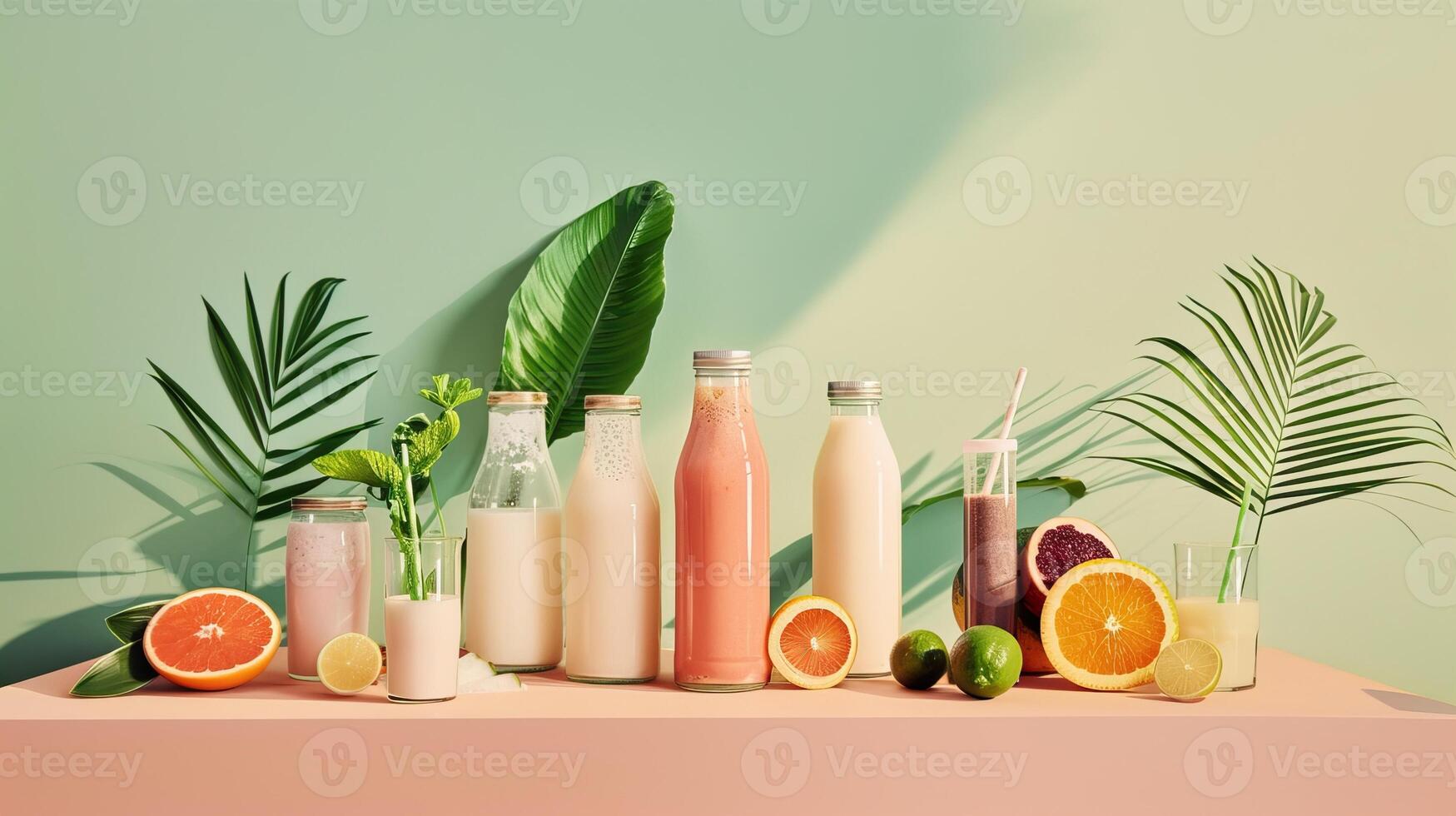 Smoothie Bottles on a Table with a Summer Leafy Background photo