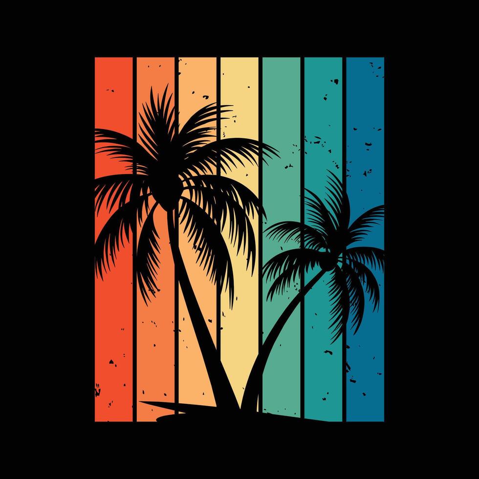 Retro Tropical Palm Tree Silhouette with Striped Sunset Background vector