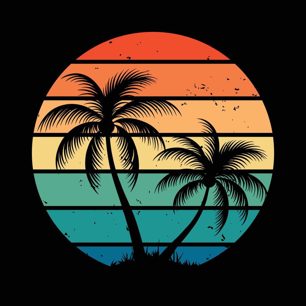 Retro Sunset Palm Tree - Vintage Tropical Silhouette Art vector