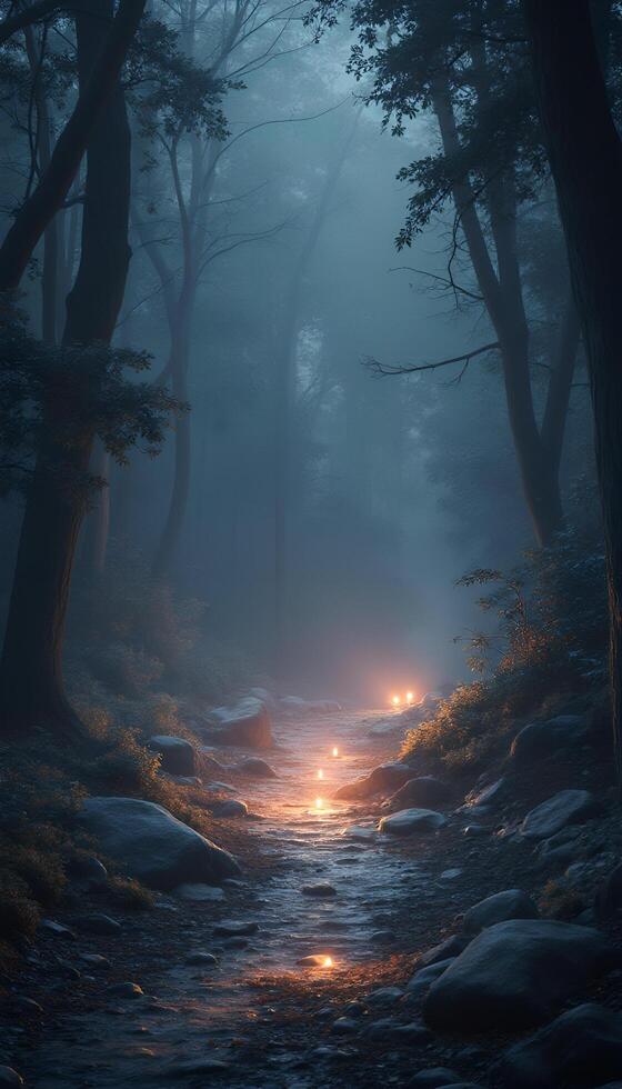 A dark forest with a stream and candles photo