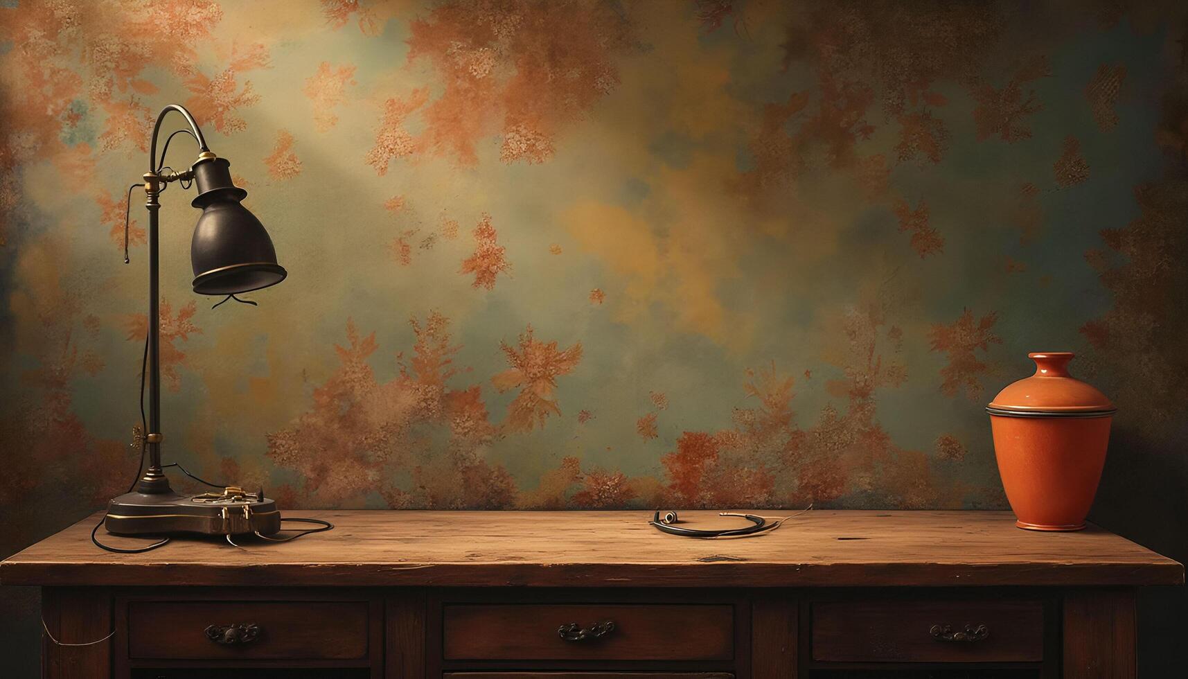 An old desk with a lamp and vase on it photo