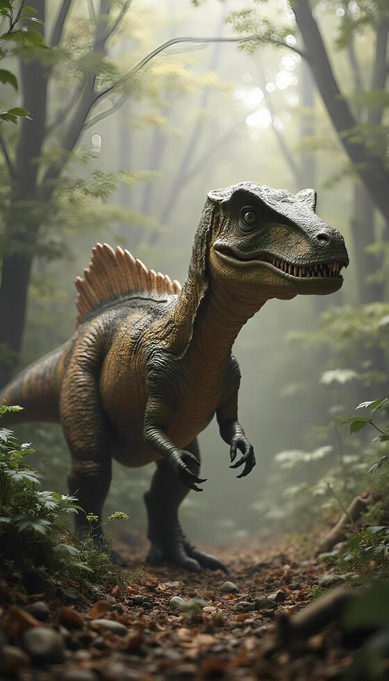 A dinosaur is walking through the woods photo