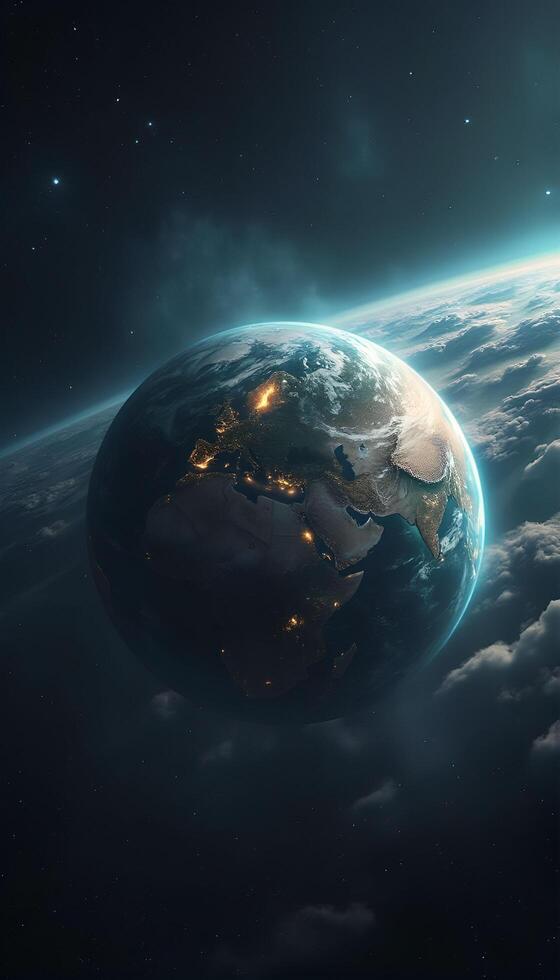 Earth in space with stars and clouds photo