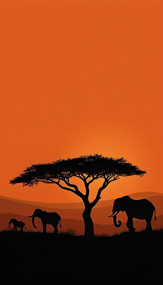 elephants and their babies under an acacia tree at sunset photo