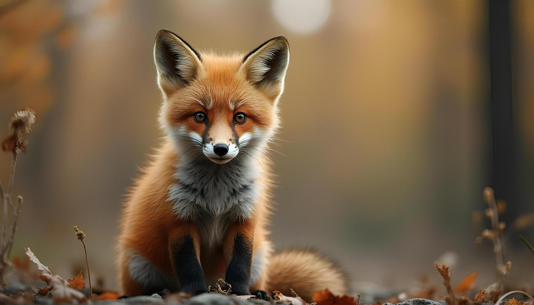 A fox sitting in the middle of a forest photo