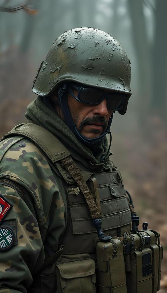 A man in camouflage gear and a helmet photo