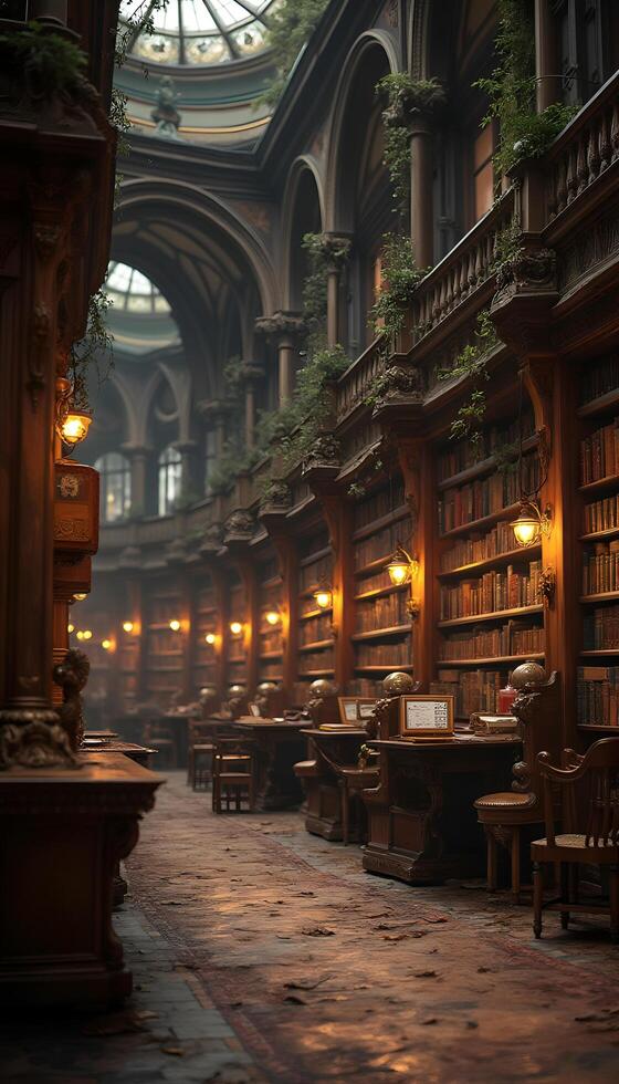 A library with lots of books and lots of plants photo
