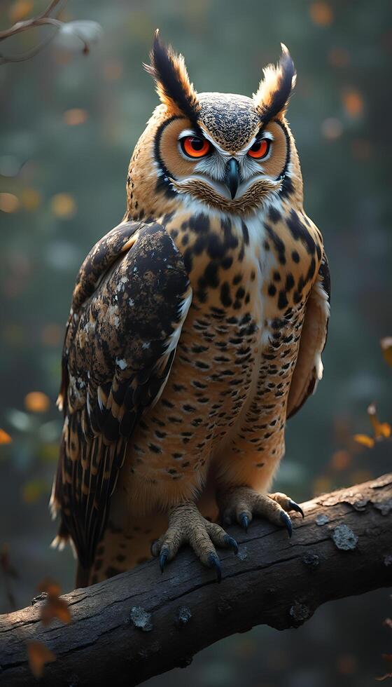 Owl on a branch with leaves and trees in the background photo