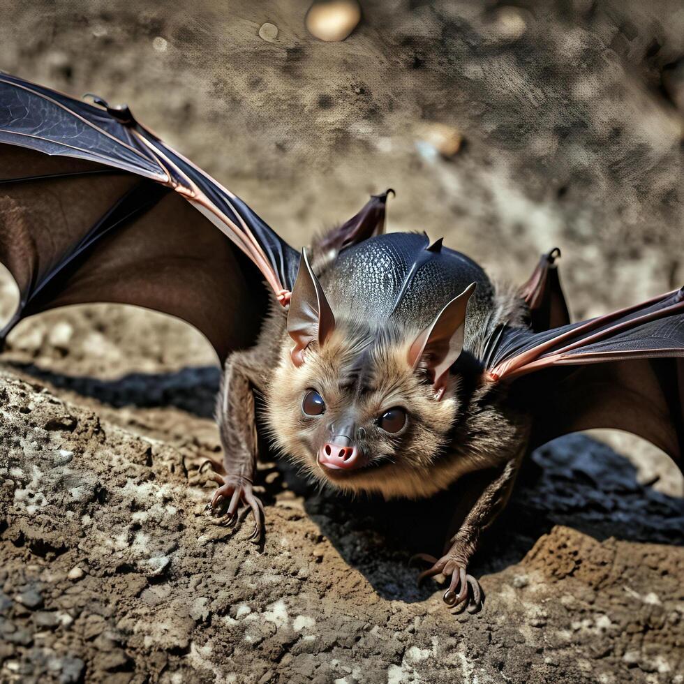 A bat with its wings spread out on the ground photo