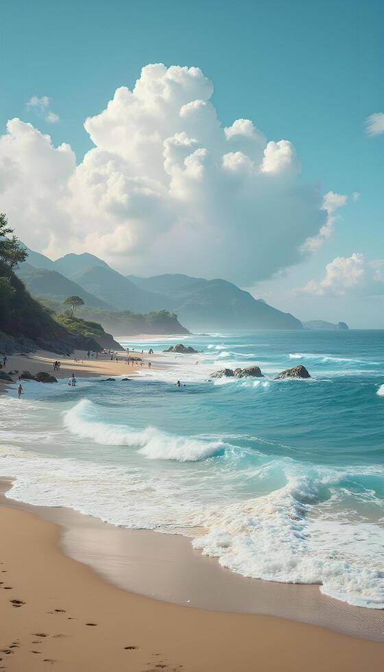 A beach with waves and people walking on it photo