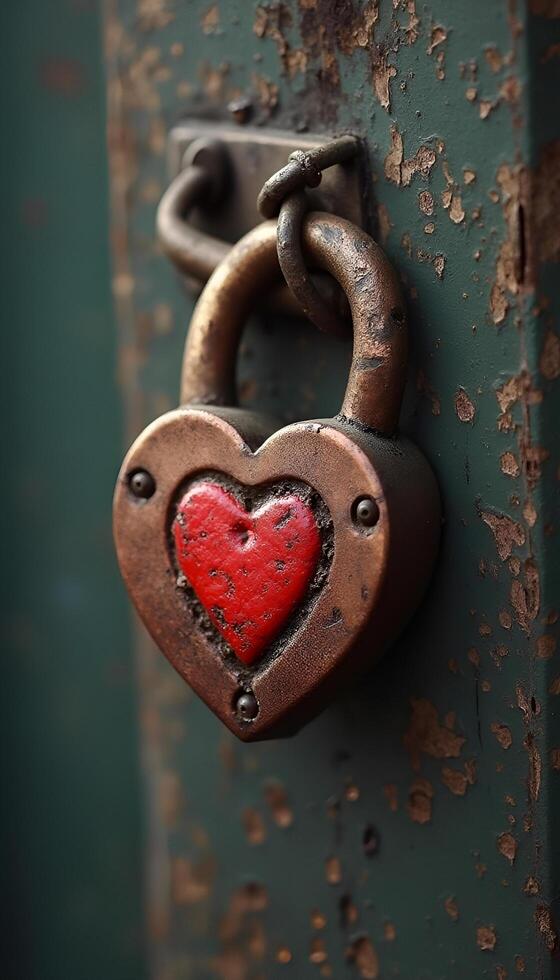 A red heart shaped lock is on a rusty door photo