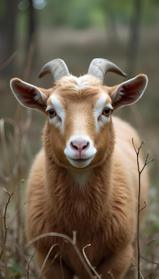 A goat with horns standing in a field photo