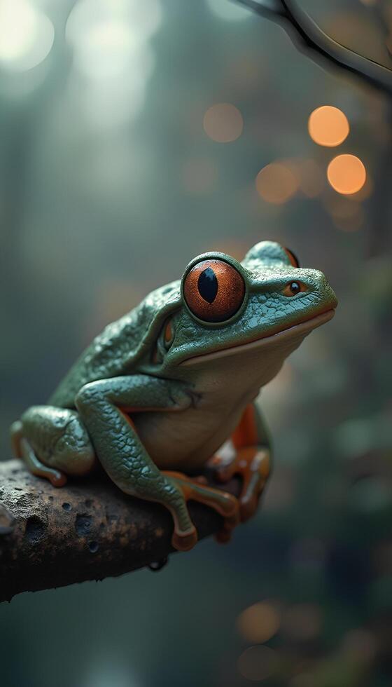 A frog sitting on a branch with blurry lights in the background photo