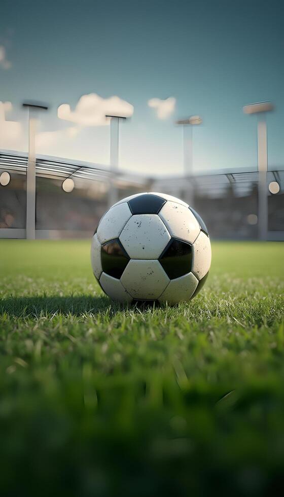 A soccer ball on the grass in front of a stadium photo