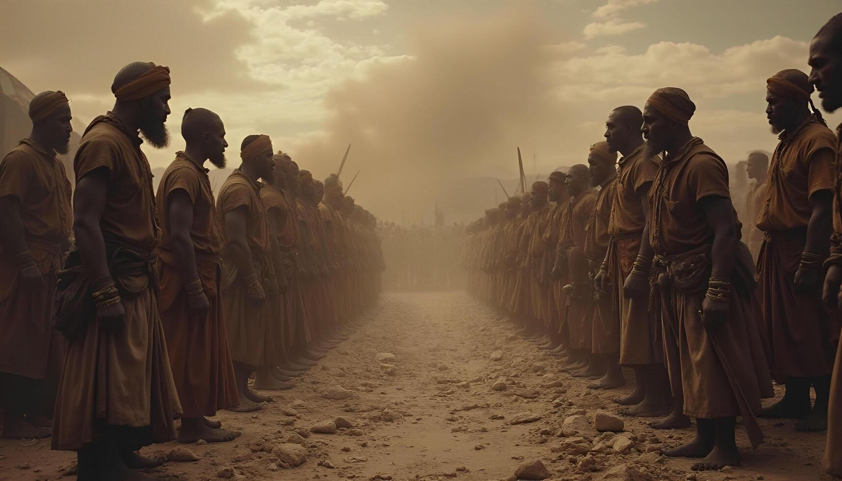 the men in the desert are standing in a line photo
