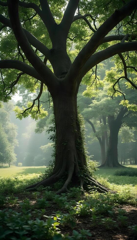 A large tree in the middle of a green field photo
