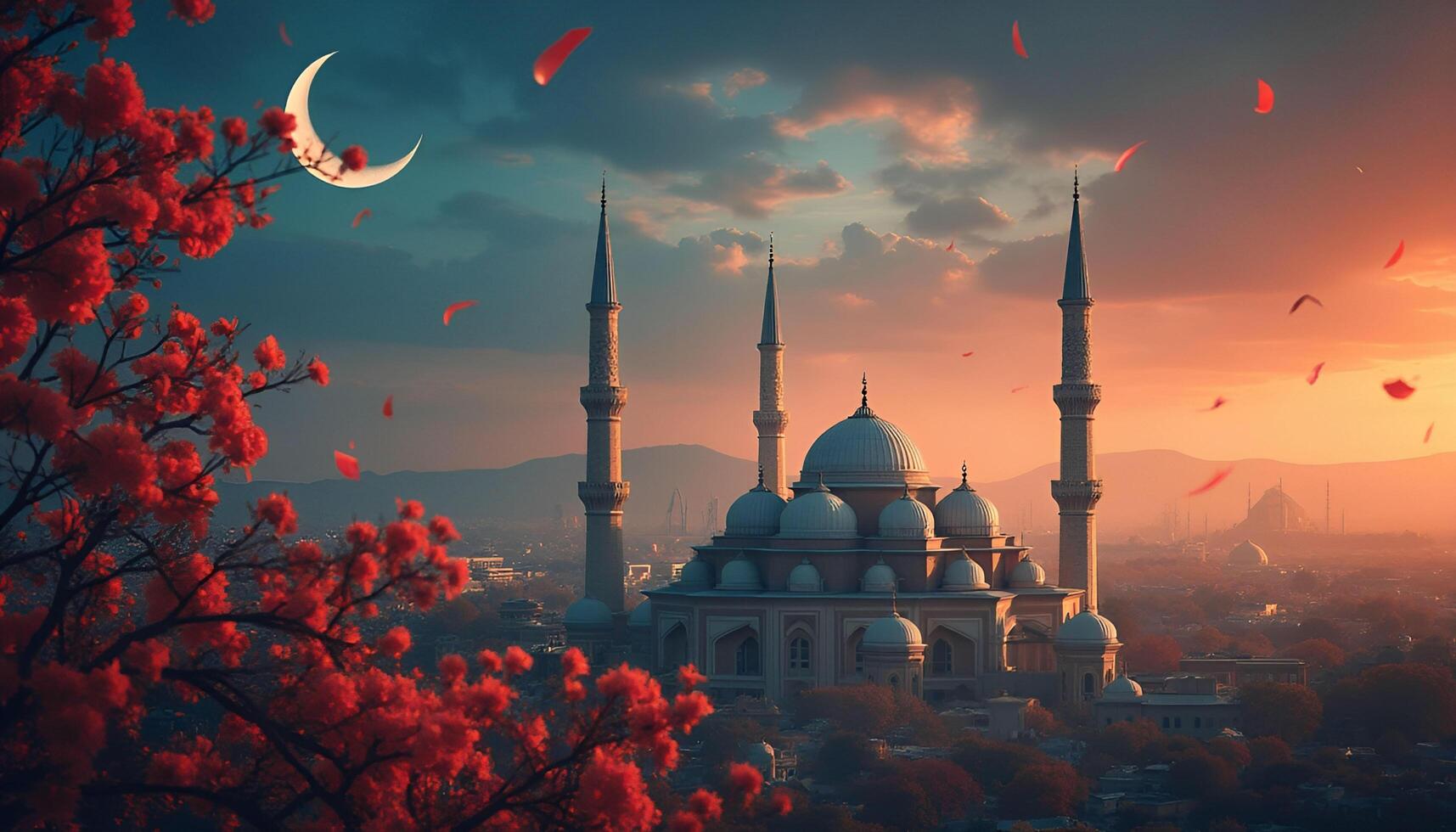 The sunset over a mosque with a crescent moon photo