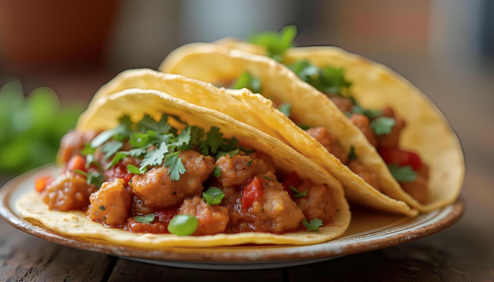 Three tacos with meat and vegetables on a plate photo
