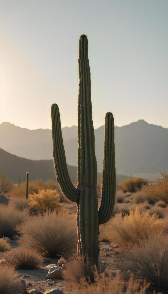 A cactus plant in the desert with mountains in the background photo