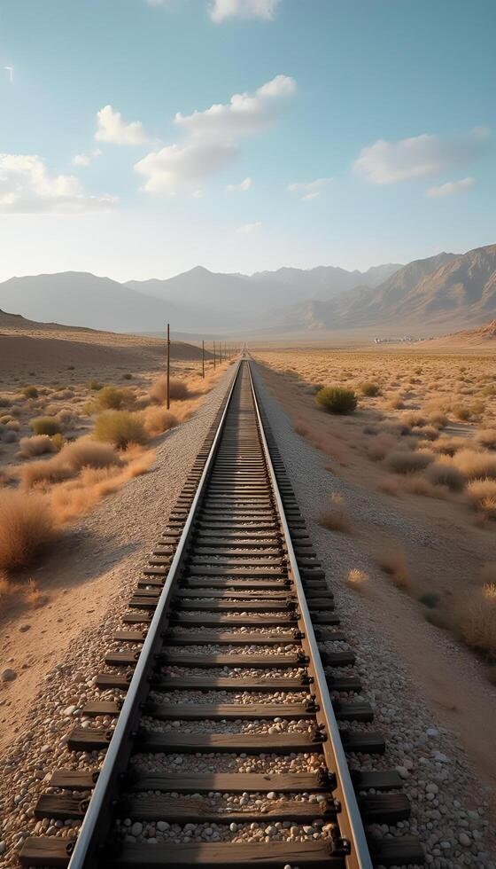 A railroad track in the desert with mountains in the background photo