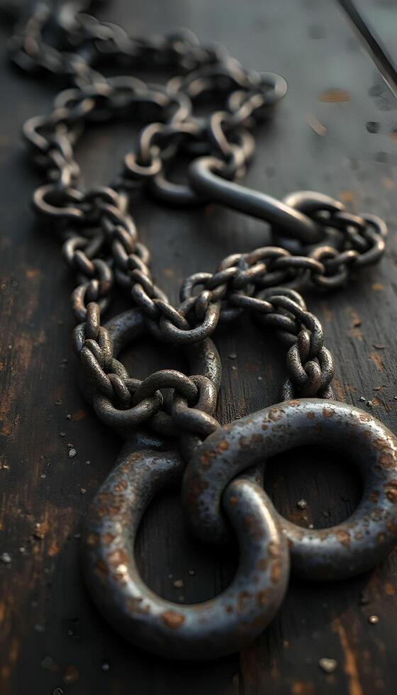 A chain and two links are sitting on a wooden table photo