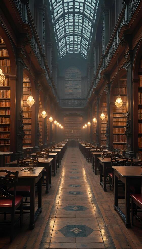 A long, empty library with lots of books photo