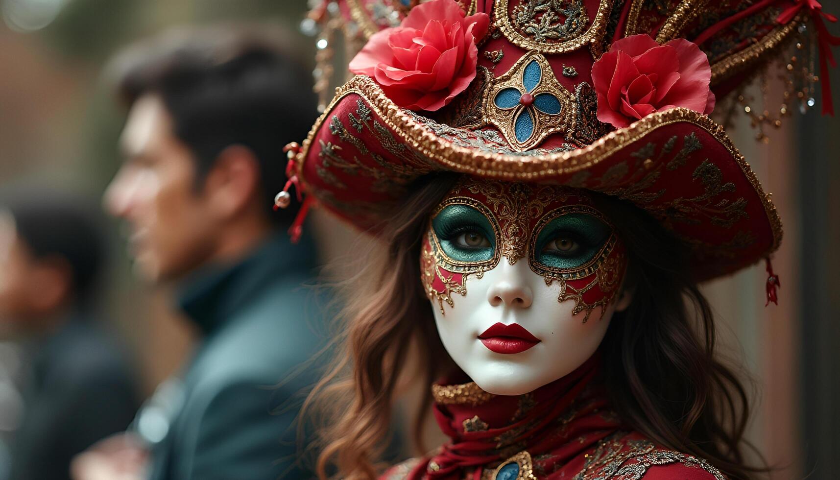 A woman wearing a red and gold mask photo