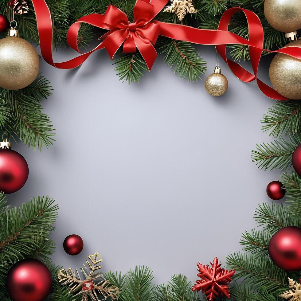 Christmas wreath with red and gold balls and ornaments on a gray background photo
