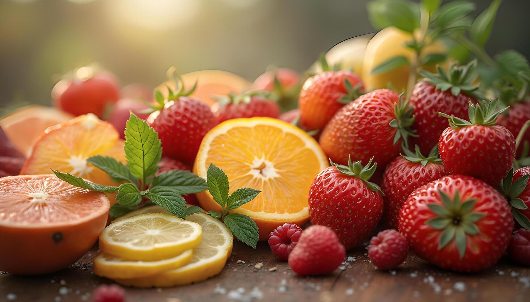 Fresh fruits and vegetables are arranged on a table photo