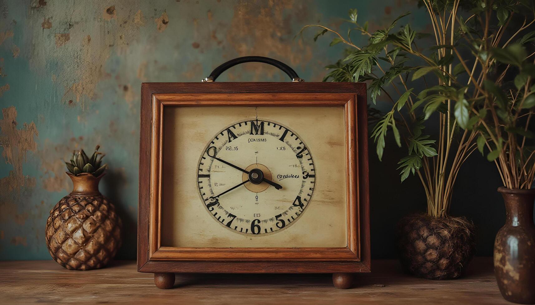 A wooden clock sitting on a table next to a pineapple photo