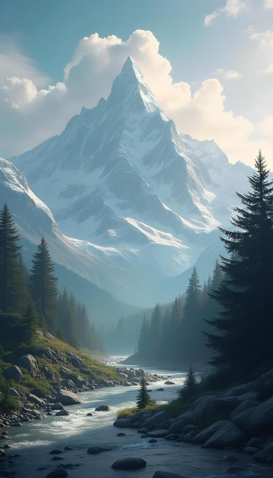 A painting of a mountain range with a river photo