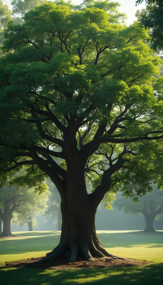 A large tree in a park with green leaves photo