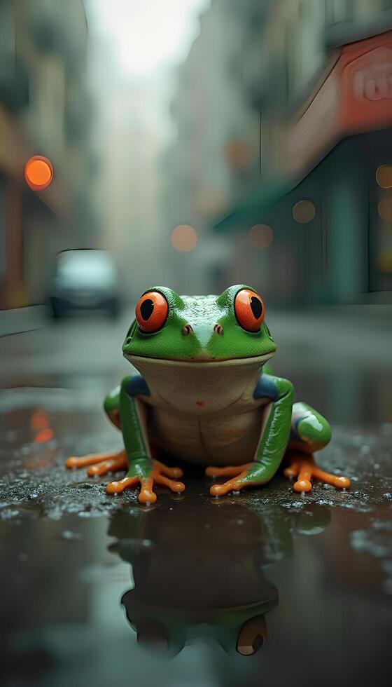 A frog sitting on the wet pavement in the rain photo