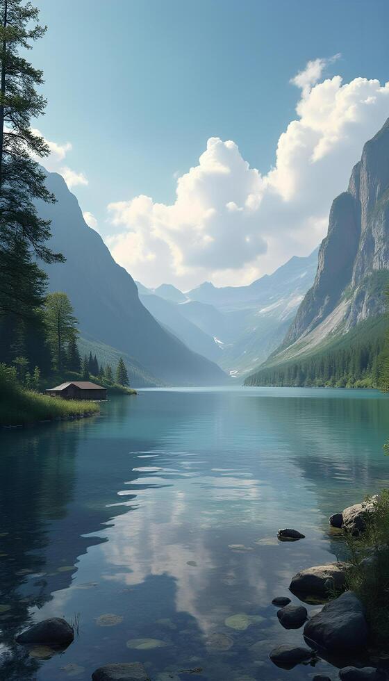 A lake surrounded by mountains and trees photo