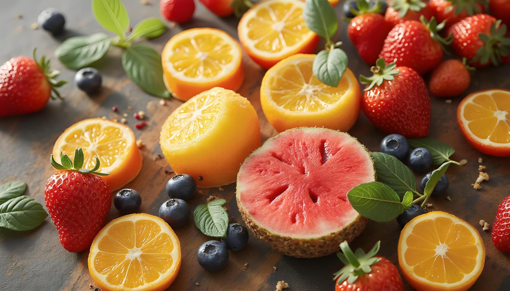A bunch of fruit and berries on a table photo