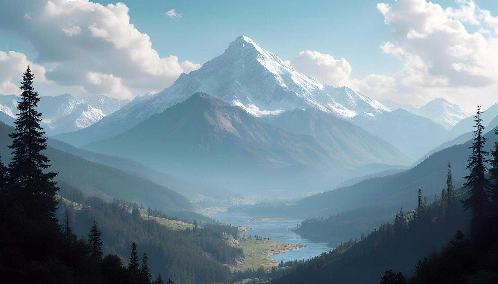 A mountain range with trees and a river photo