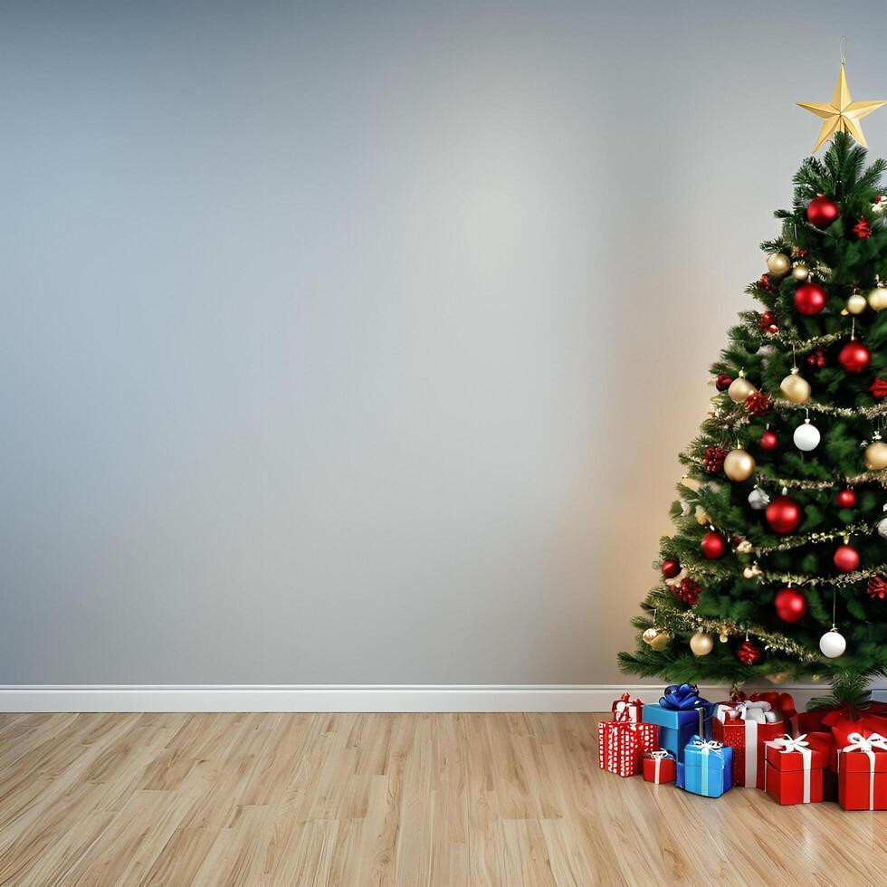 Christmas tree with presents on the floor in an empty room photo