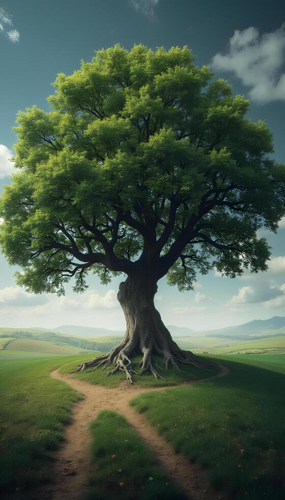 Tree with path in the middle of a field photo