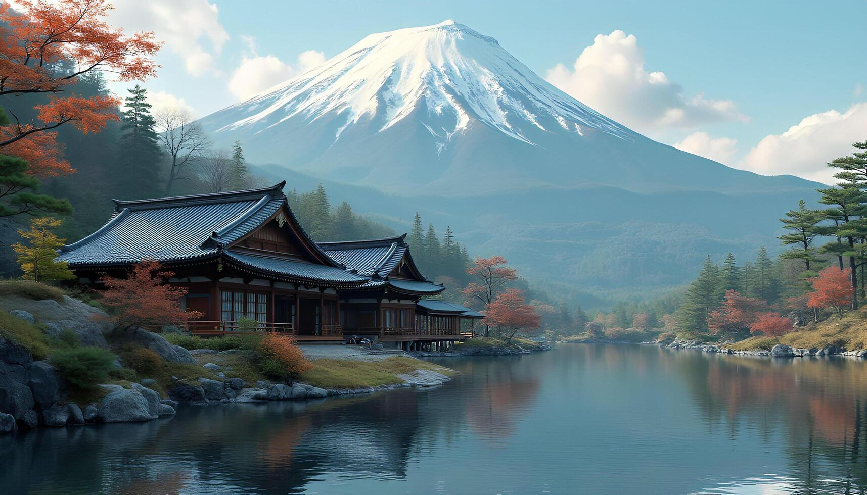 A mountain with a lake and a pagoda in the background photo