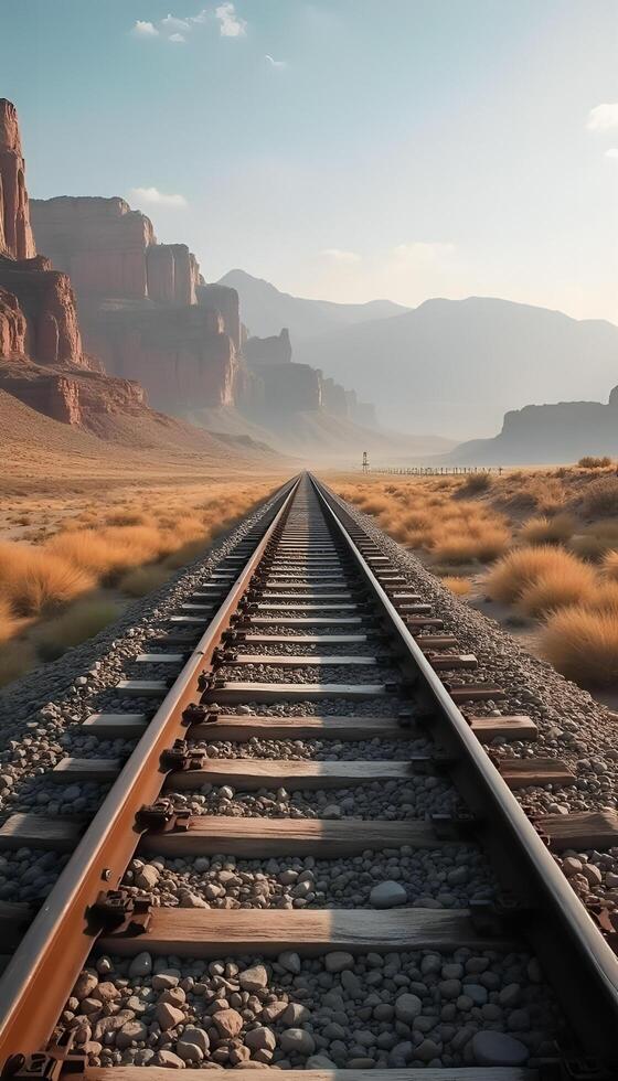 A railroad track in the desert with mountains in the background photo