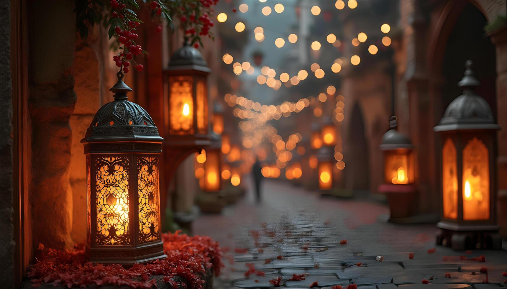 A street with lanterns and candles on it photo