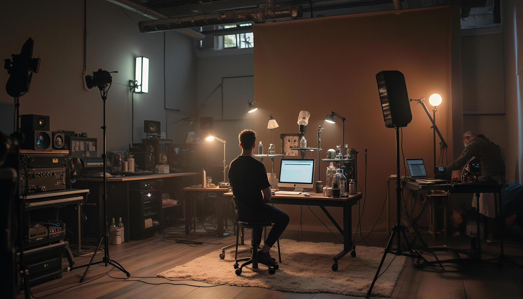 A man sitting at a desk in a room with a laptop photo