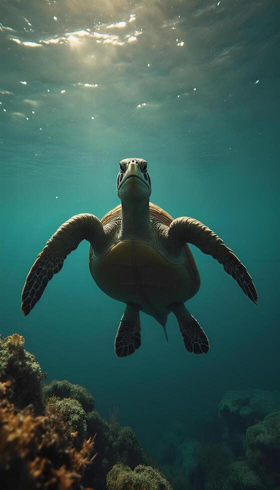 A turtle swimming in the ocean with sunlight shining through the water photo
